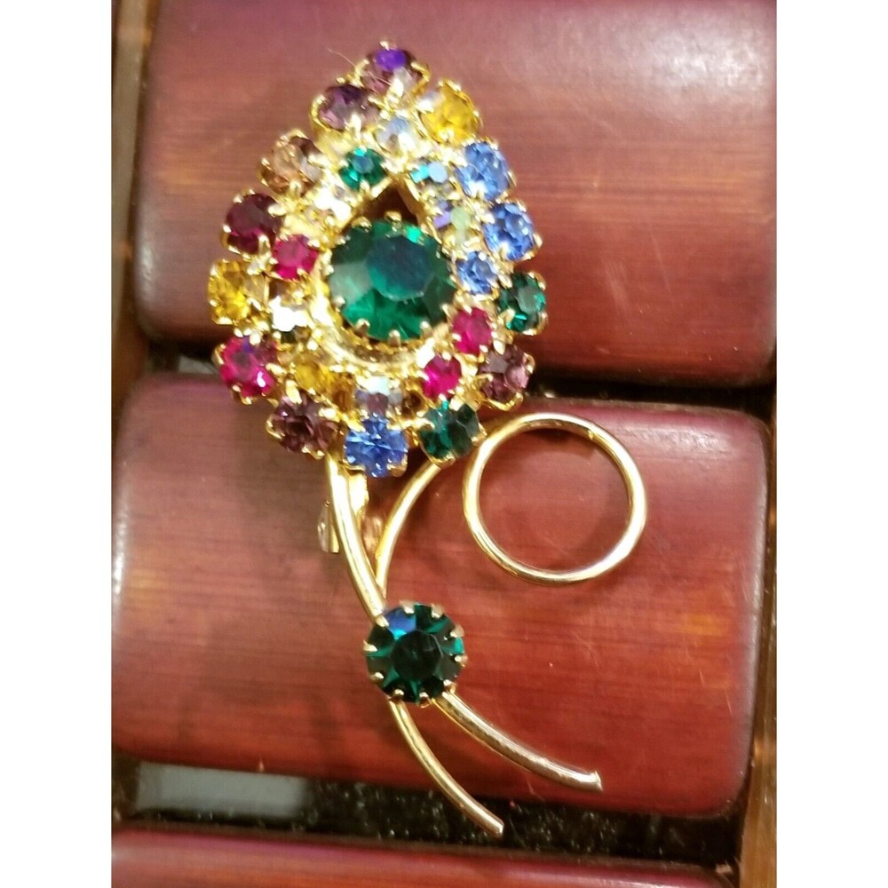 Vintage Brooch Floral Gold Tone w/ Multicolor Rhinestones 2.25" 28 Stones